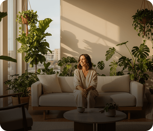 Woman relaxing at home surrounded by plants